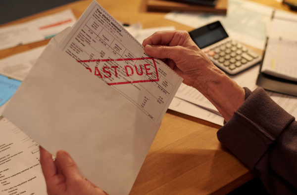 close up of opening a document that has a red "past due" stamped on the front